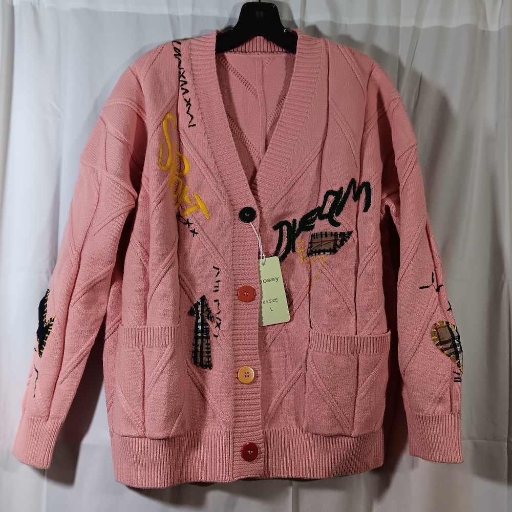 Ebossy Womens Large Pink Sweater Cardigan Cable Knit Boho Embroidered